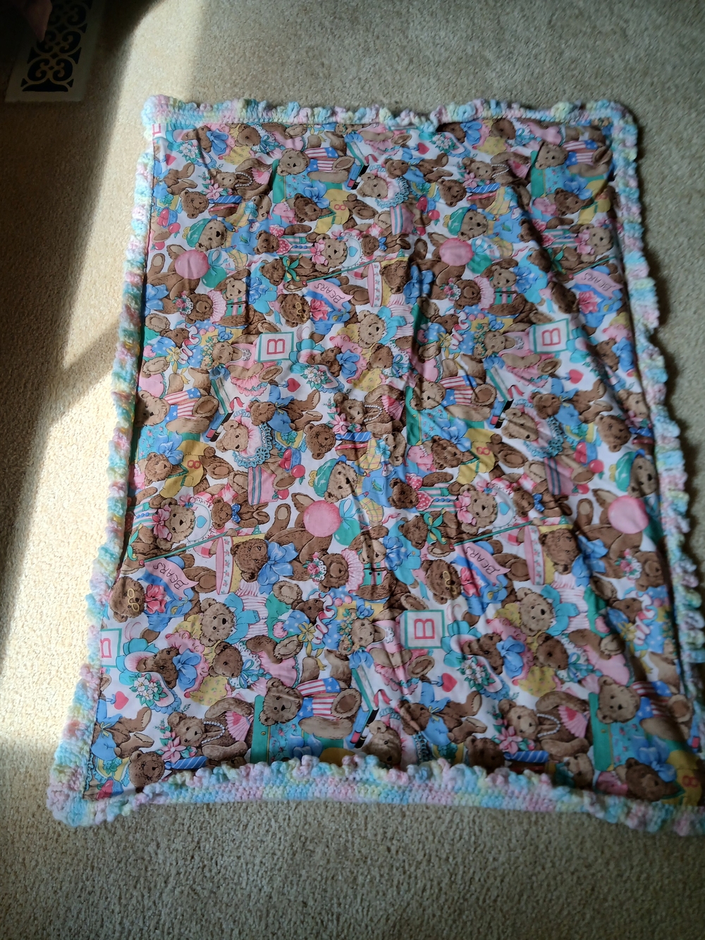 Handmade Kids Bear Print Baby Blanket - Pink, Blue & Brown 41X31
